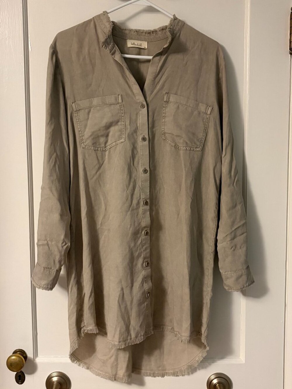 Bella Dahl tencel shirt dress size medium fringe trim minimalist neutral